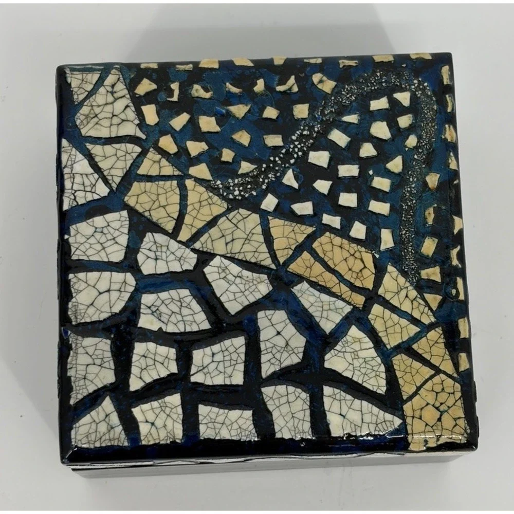 Faux Mosaic Enamel Trinket Box with Interior Mirror Velvet Lining